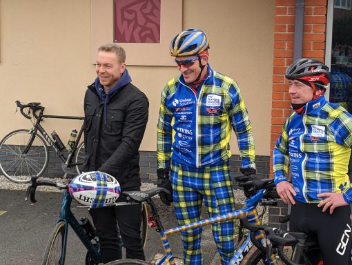 Domestique Sir Chris Hoy, Rob Wilkinson and Hank from GCN pictured in Doddie ride kit.
