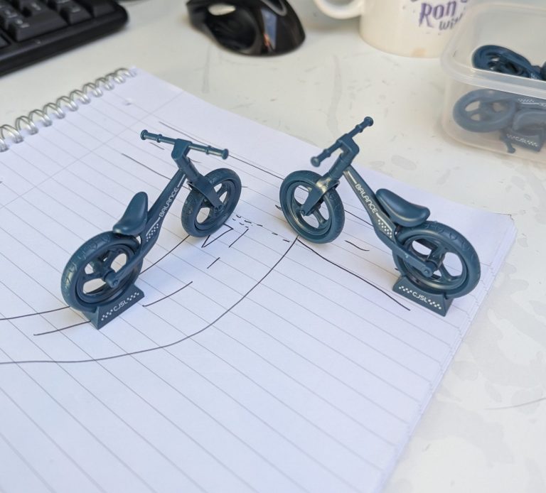 Gaining familiarity doesn't have to happen at the roadside. Two plastic, model bikes, placed on a sketch of a T-junction.
