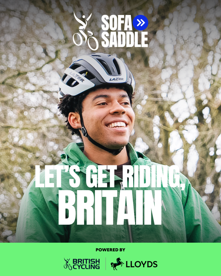 Looking for a Sofa to Saddle partner in Leeds? A man wearing a cycling helmet and a lightweight water proof jacket with the caption "Let's Get Riding Britain" for Sofa to Saddle