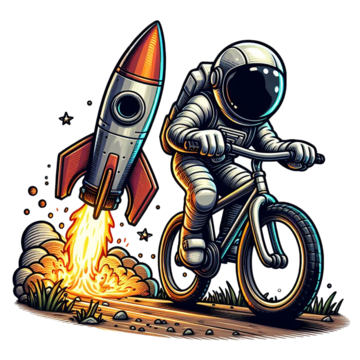 A cartoon showing an astronaut riding away from a rocket taking off