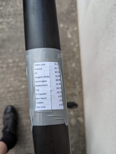 Everesting A piece of paper stuck to a bike top tube showing the number of laps needed to get equivalent climbing to different mountains.