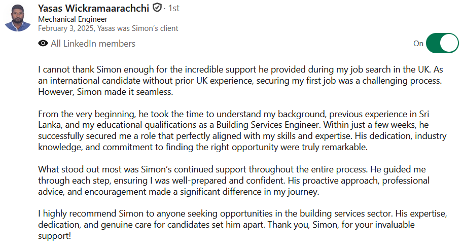 Listen, learn, then help achieve. A reference for Simon Owen describing how he learned about the writer, their objectives and skills, before helping them secure a job.