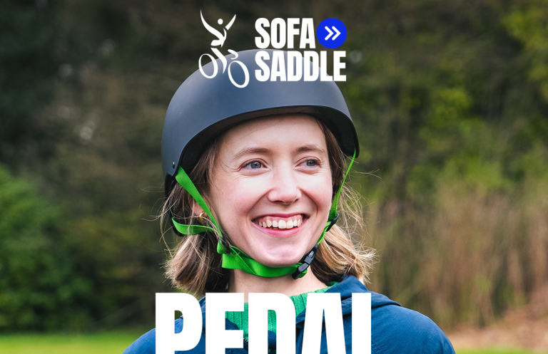 Sofa to saddle - in Leeds A picture of a smiling female cyclist with the British Cycling "sofa to saddle" logo at the top.