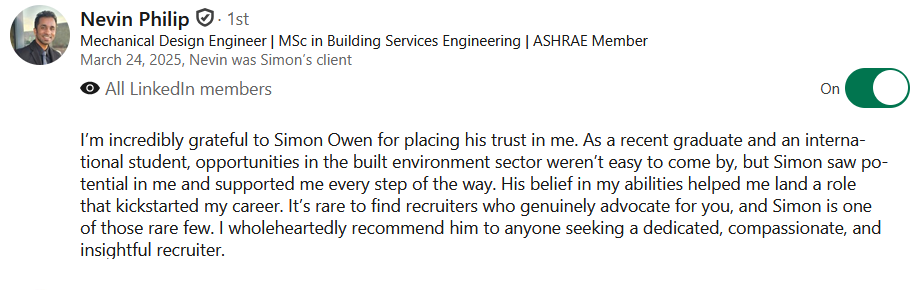 Recruitment and riding, different roles, shared values. A reference for Simon Owen describing the support given, time taken, and care to help the writer secure his first role.