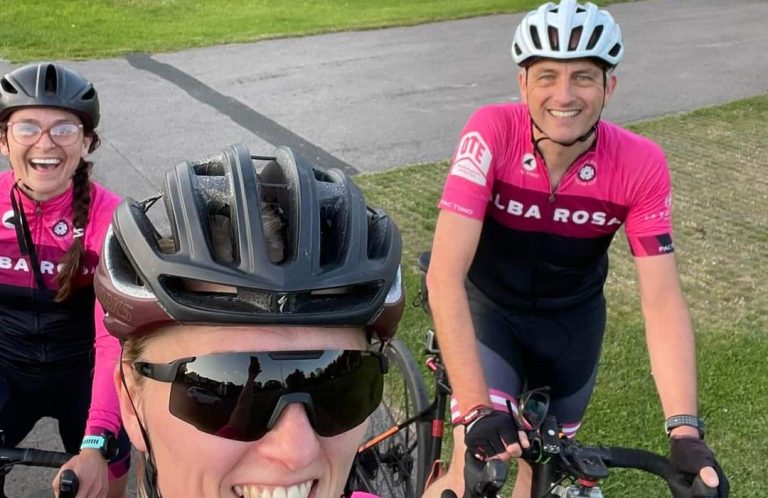 Coaching should end up looking like this! Three riders wearing albaRosa cycling club kit with big smiles for a selfie.